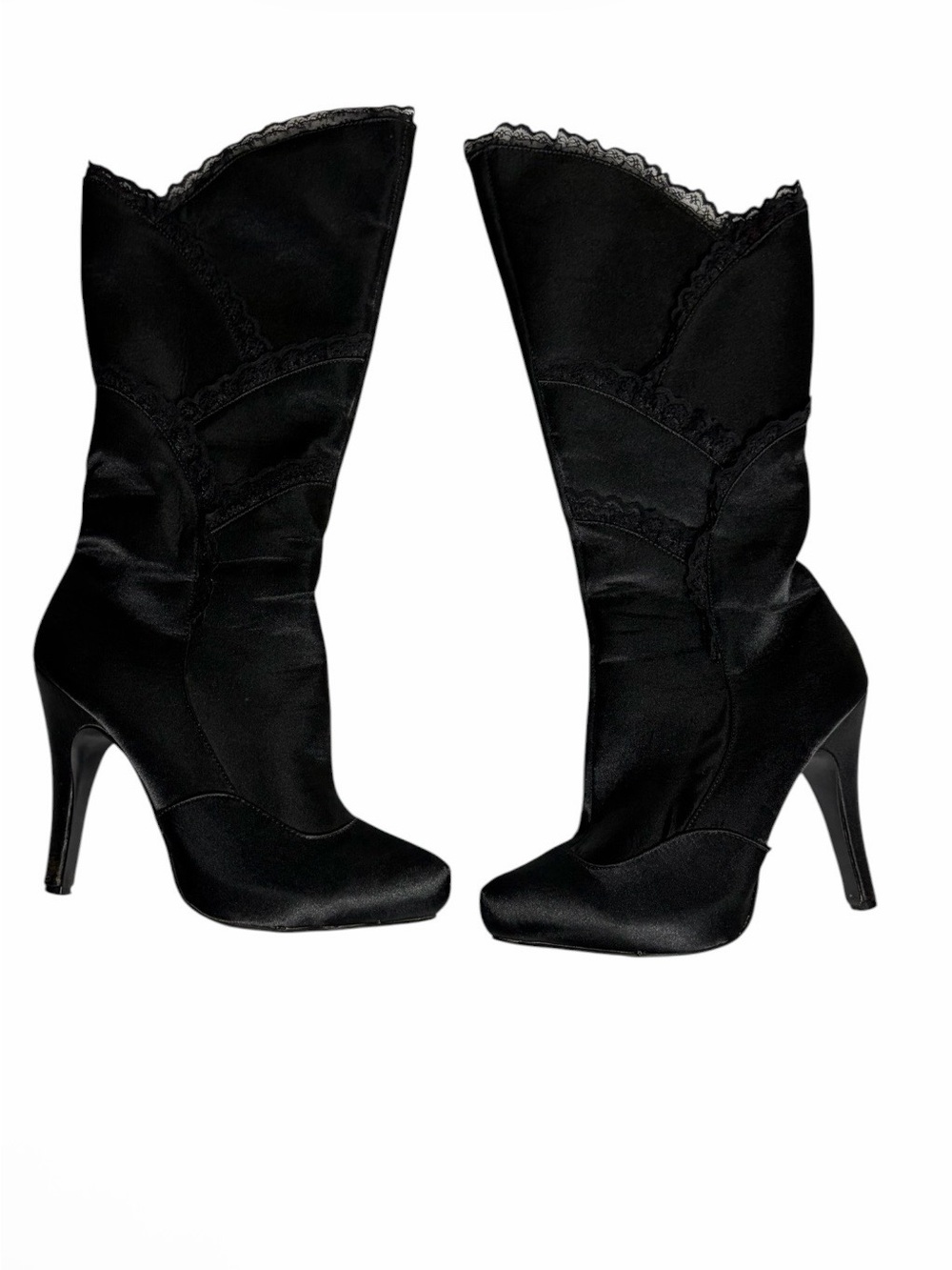 Ellie black satin lace trim witch goth stiletto boots size 9